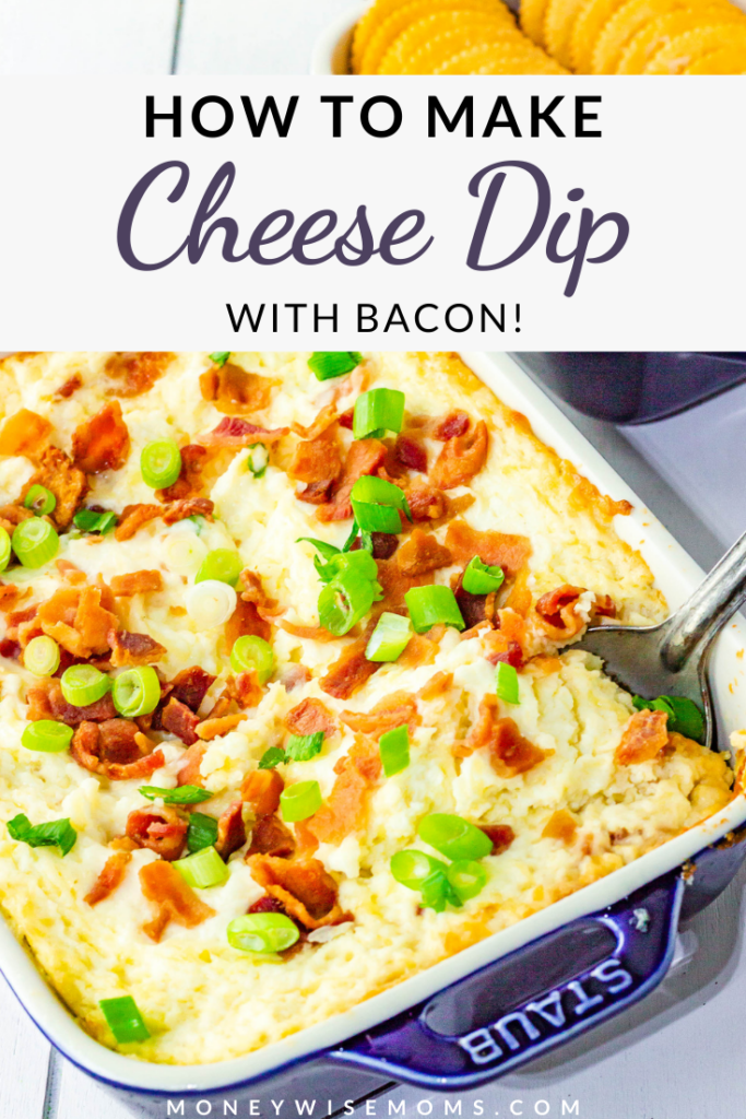 Pin showing the hot cheese dip with bacon ready to eat