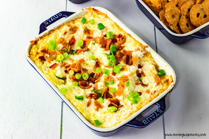 featured image showing the finished hot cheese dip with bacon ready to eat.