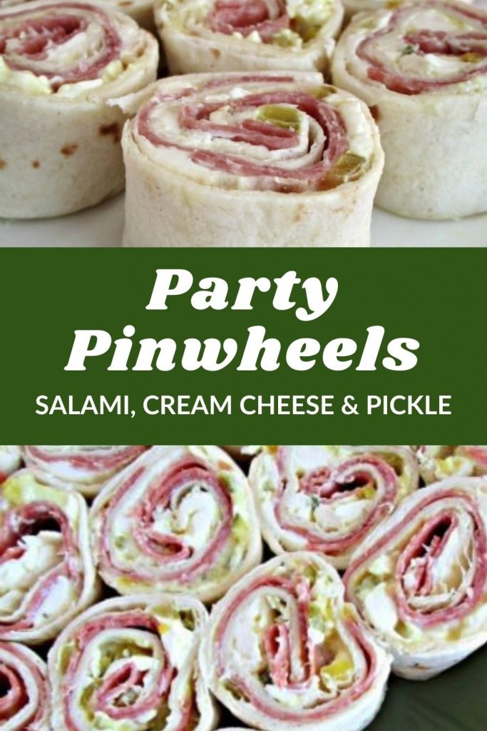 salami cream cheese pickle pinwheel rollups on a green tray