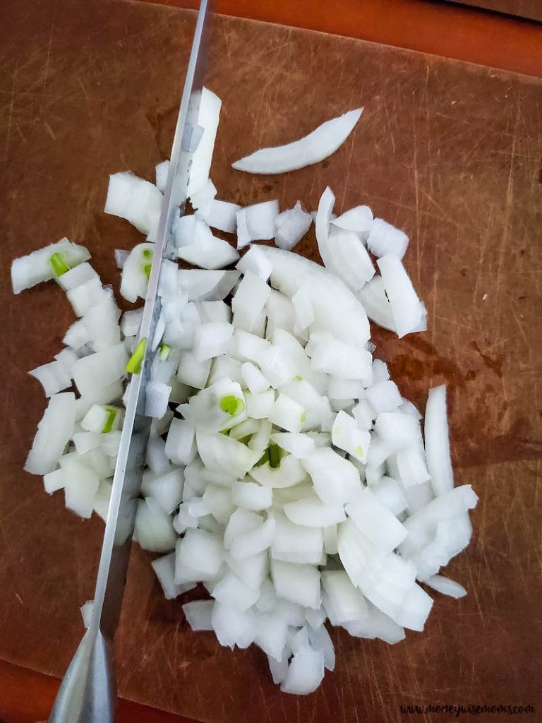 onion being chopped. 