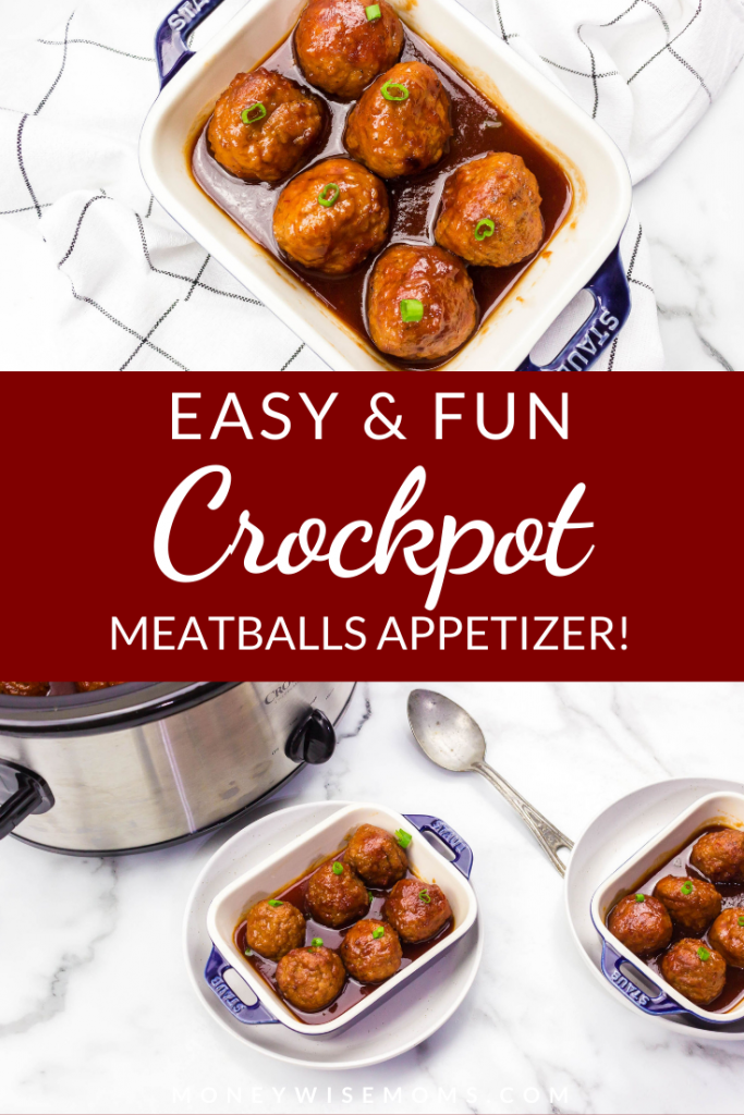 pin showing the finished crockpot meatball appetizer recipe