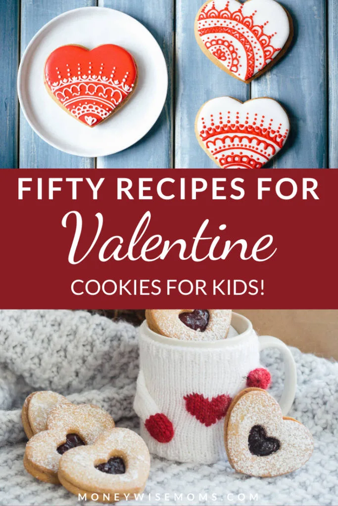 Pin showing title across the middle with valentines day cookies images on top and bottom