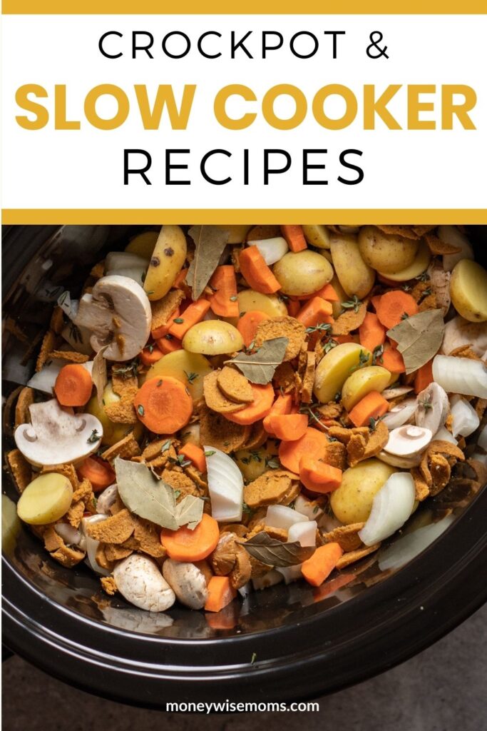 black oval slow cooker with beef stew ingredients - best crockpot and slow cooker recipes