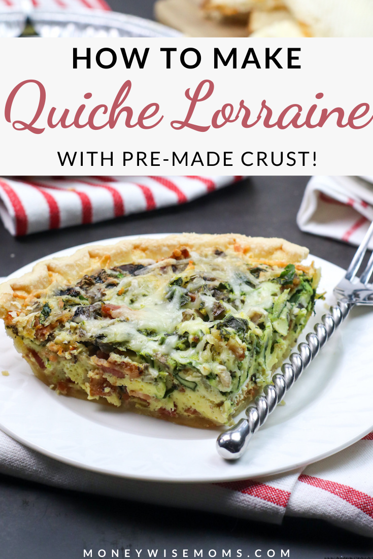 pin showing the finished quiche lorraine recipe ready to serve with title across the top.