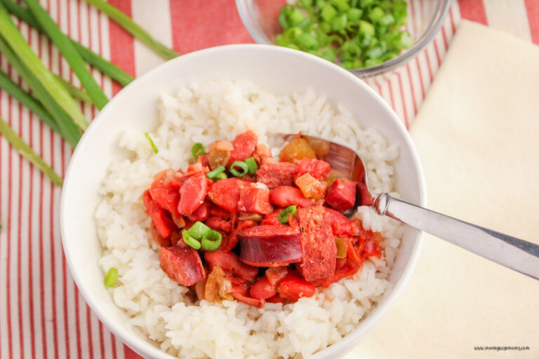 finished red beans and rice in the slow cooker ready to serve.