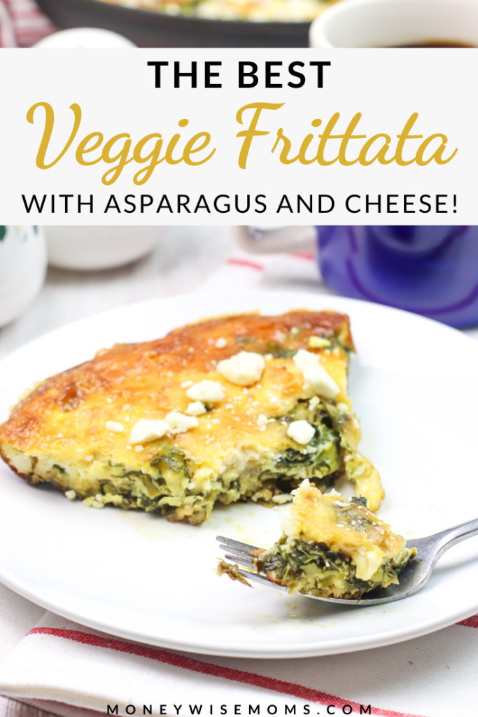 Pin showing the finished veggie frittata ready to serve with title across the top.