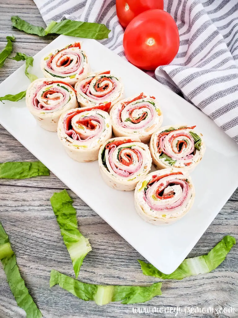 top down view of the finished meat pinwheels ready to serve. 