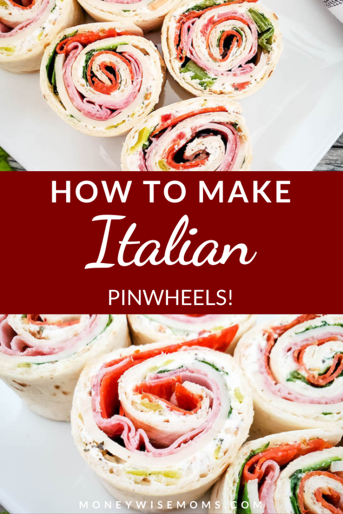 Pin showing finished italian pinwheels ready to eat. 