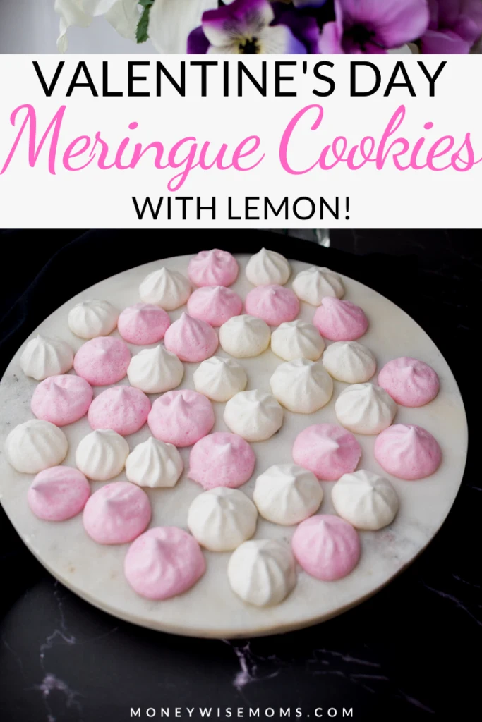 pin showing the finished meringue cookies lemon flavored. Title across the middle.