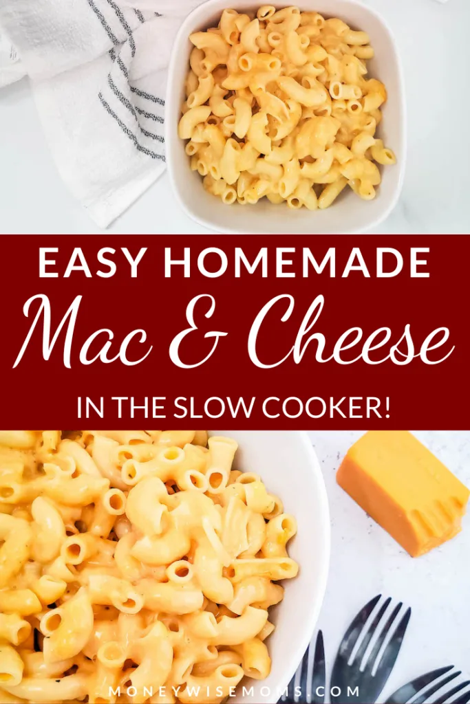 pin showing the finished slow cooker mac and cheese
