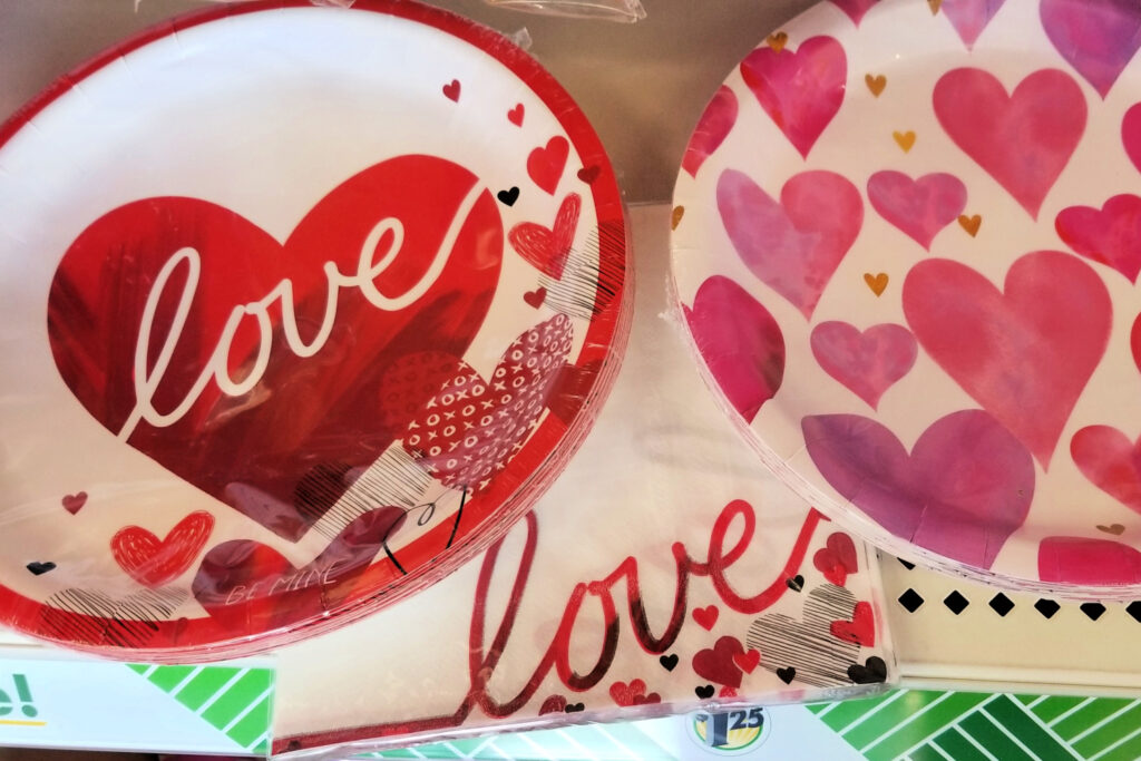 red and pink paper plates and napkins from Dollar Tree