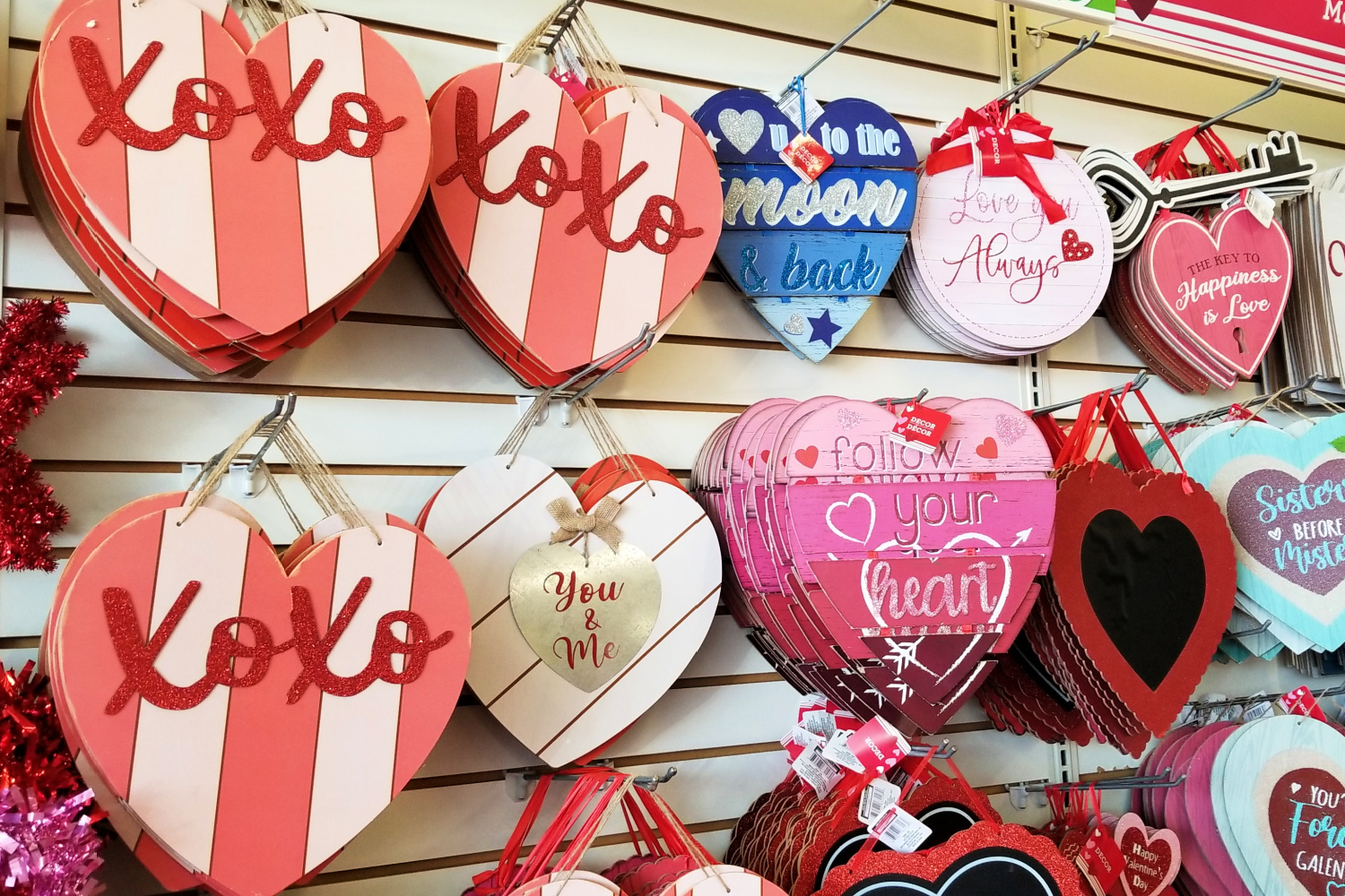 heart shaped wooden signs at Dollar Tree