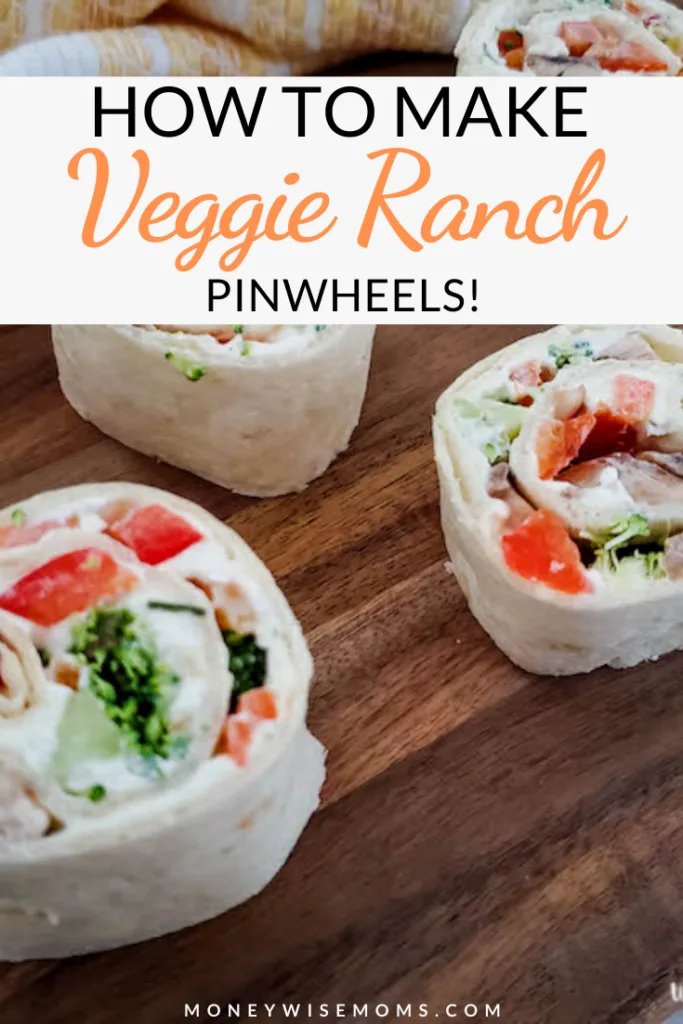 pin showing the veggie ranch pinwheels ready to serve. 