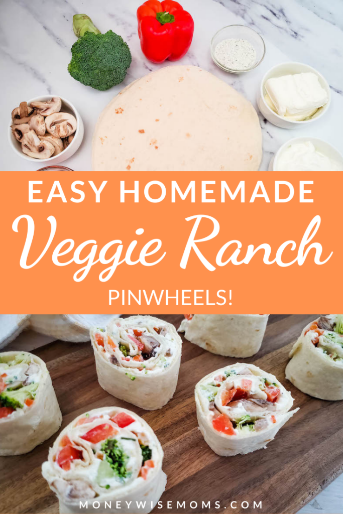 pin showing the finished veggie ranch pinwheels ready to serve title across the middle. 