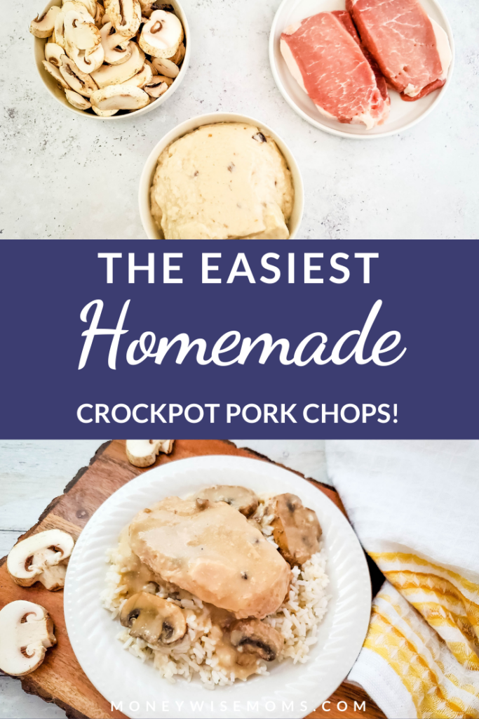 Pin showing the finished homemade easy pork chop recipe