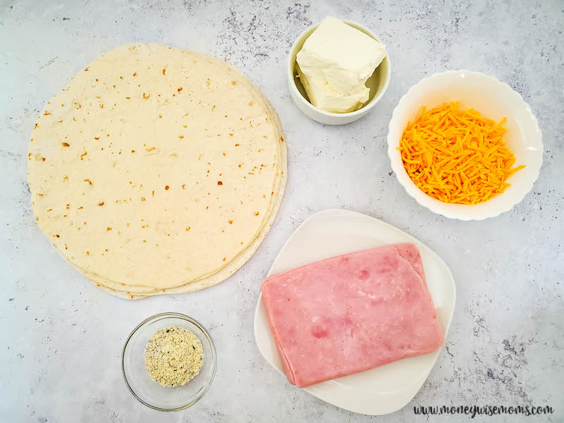 ingredients needed to make ham and cream cheese pinwheels. 