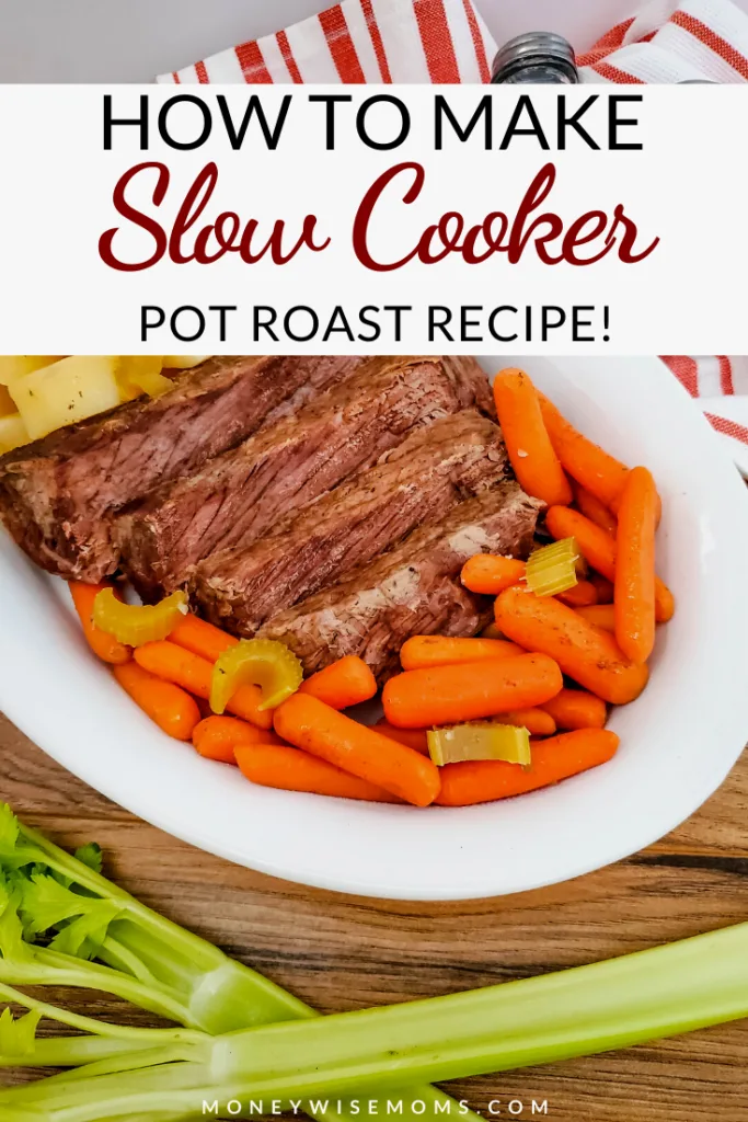 pin showing the finished pot roast made in the slow cooker. 