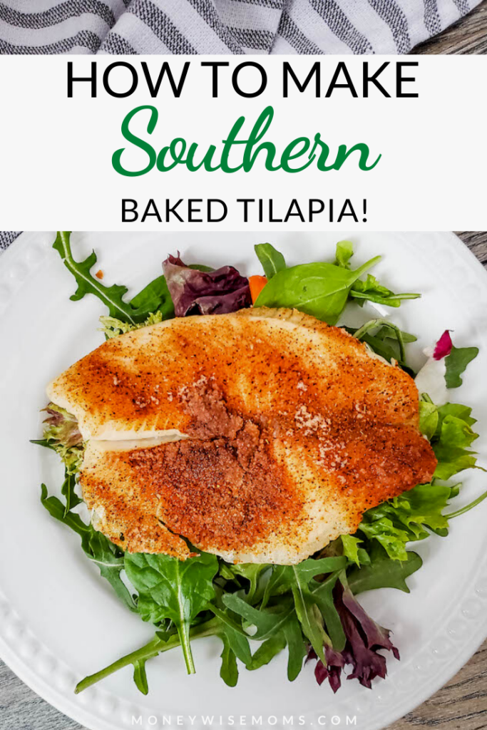 pin showing the finished baked southern tilapia recipe.
