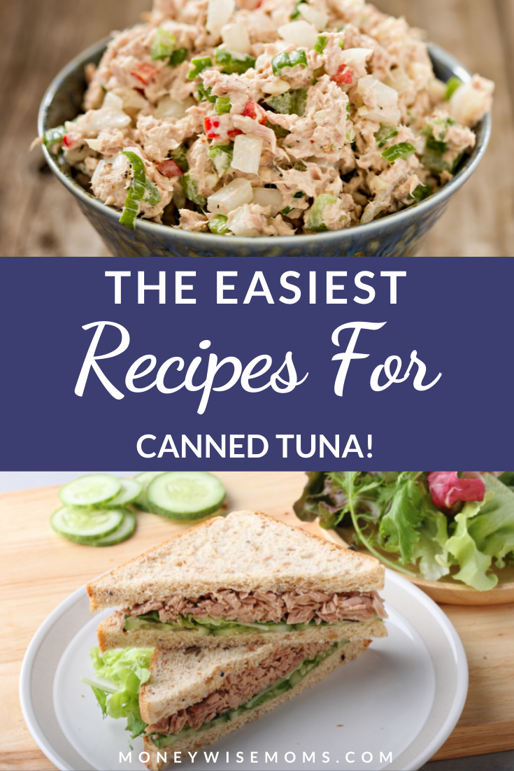 A pin showing finished tuna recipes title across the middle. 