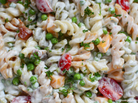 featured image showing close up view of the finished bacon and ranch pasta salad.