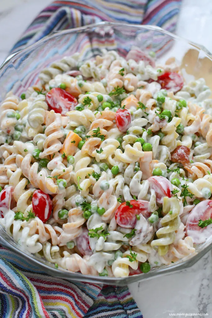 a top down view of the bowl full of bacon ranch pasta salad. 