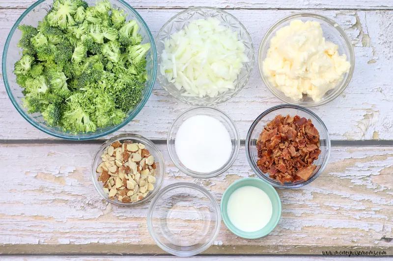 ingredients needed to make broccoli with bacon salad. 