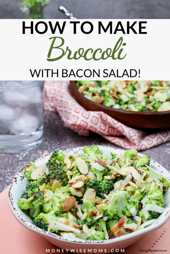 pin showing the finished broccoli with bacon salad 