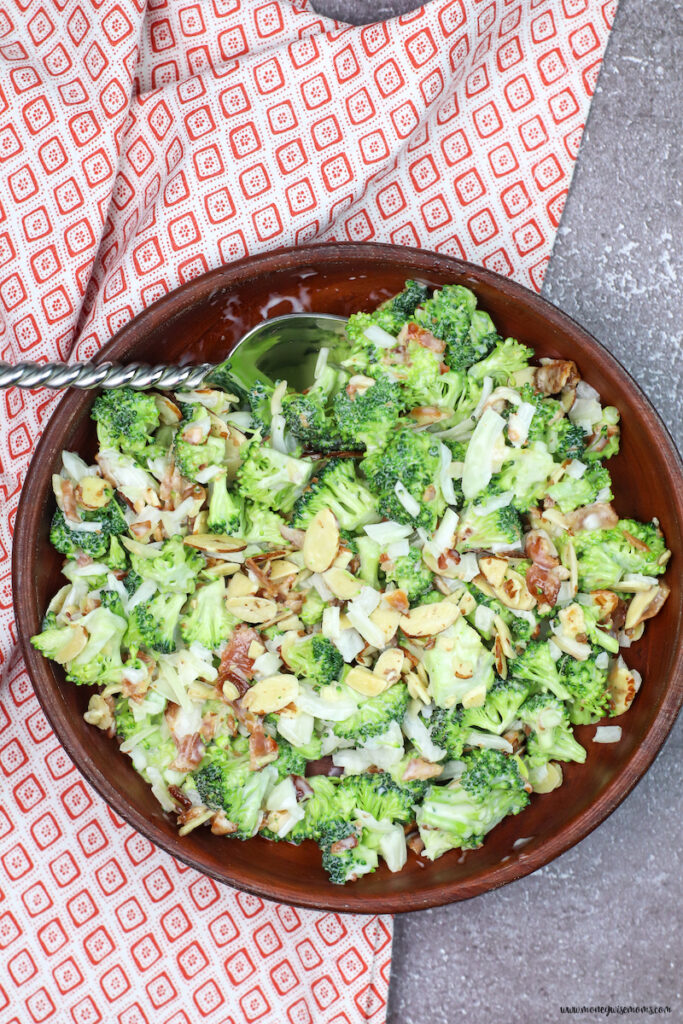 top down look at the serving bowl full of broccoli with bacon salad. 
