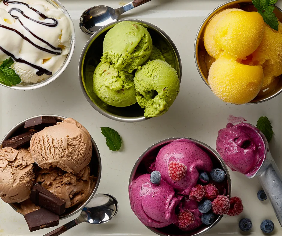 sorbet and ice cream in metal bowls