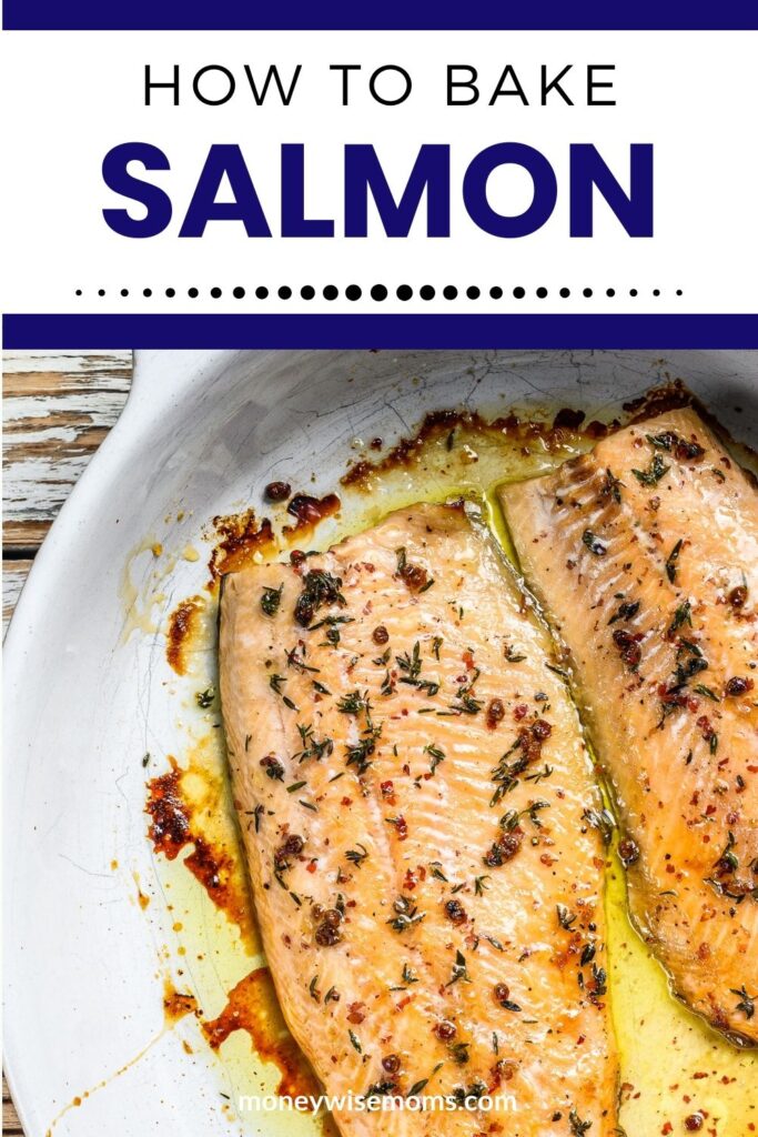 How to bake salmon- salmon filets with butter and spices in white baking dish on wooden table