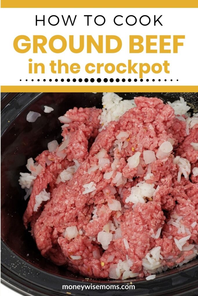 raw ground beef with white onions in black crock - how to cook ground beef in a crock pot