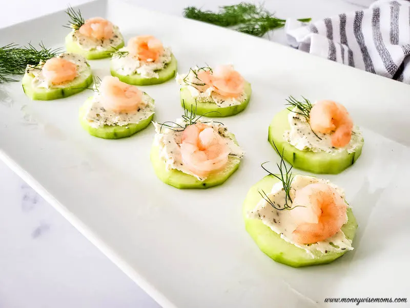 horizontal view finished shrimp on cucumber appetizers