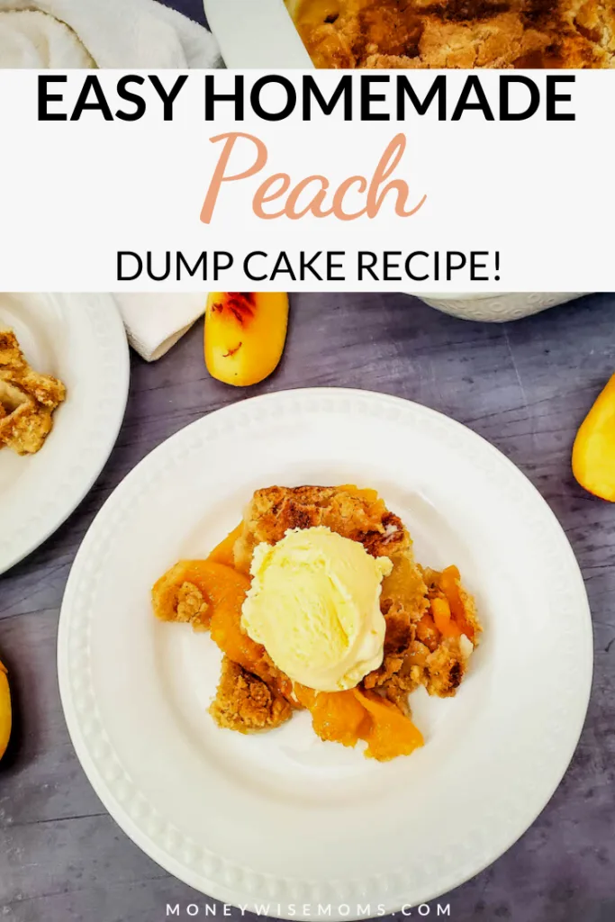 pin showing finished recipe for peach dump cake. 