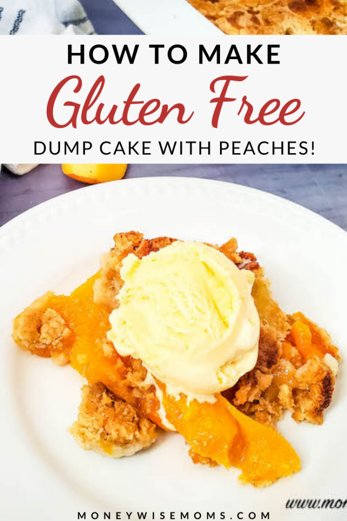 final pin showing finished recipe for peach dump cake. 