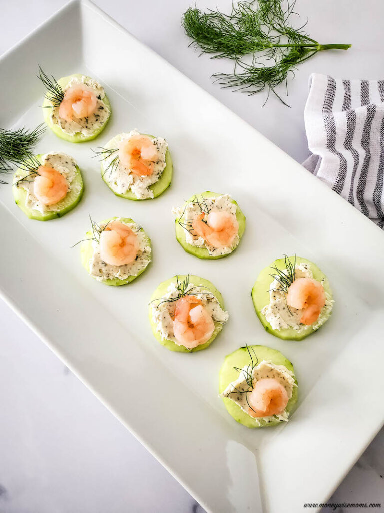 a look at a tray of the finished shrimp on cucumber slices