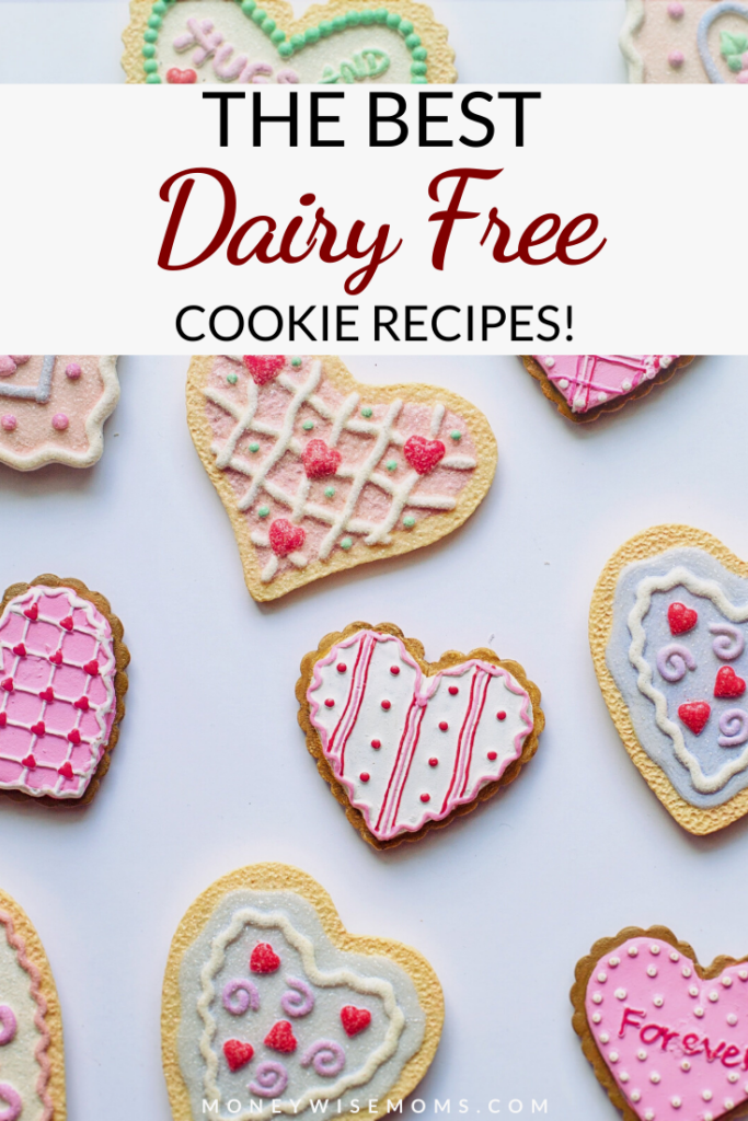 pin showing dairy free cookies ready to eat with title across the top