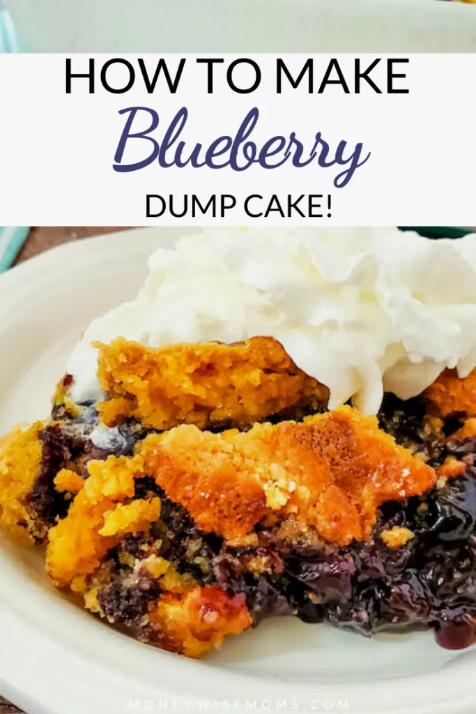 Pin showing the finished recipe for blueberry dump cake.