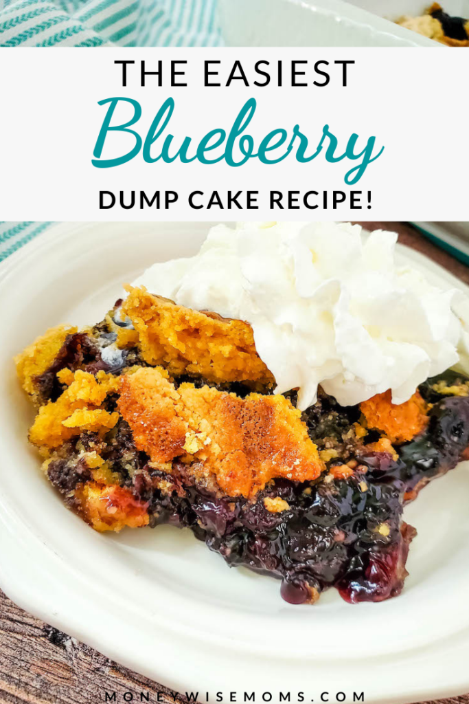 Pin showing the finished recipe for blueberry dump cake ready to eat.