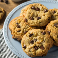 chocolate chip cookies on blue plate