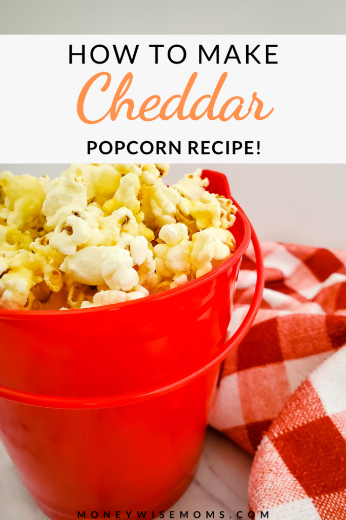pin showing finished cheddar popcorn recipe ready to eat