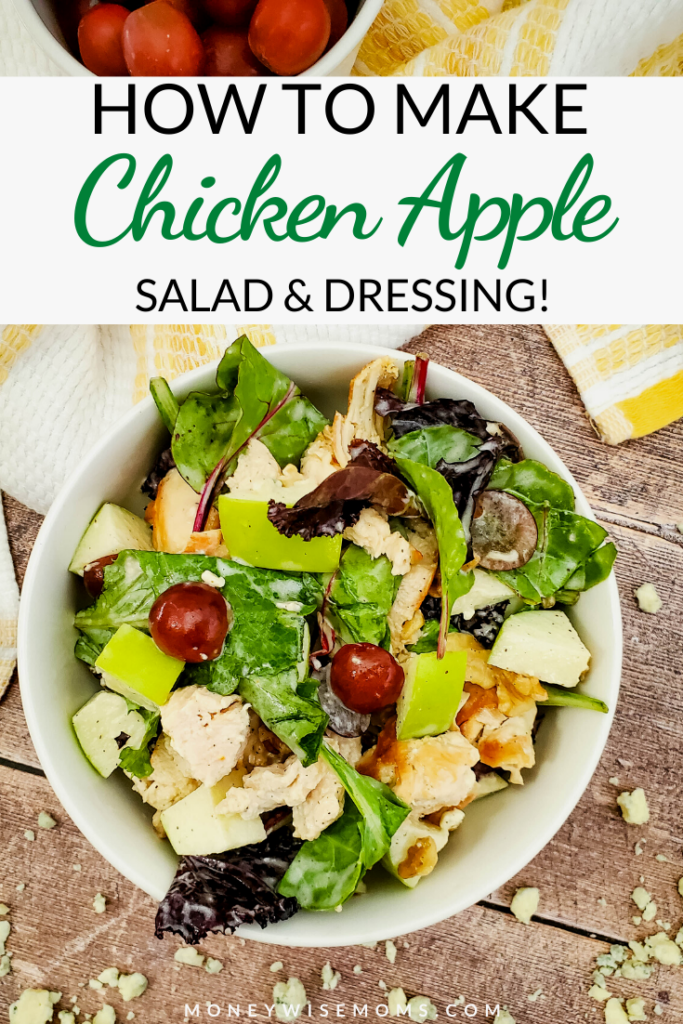 pin showing the finished recipe for chicken apple salad ready to eat