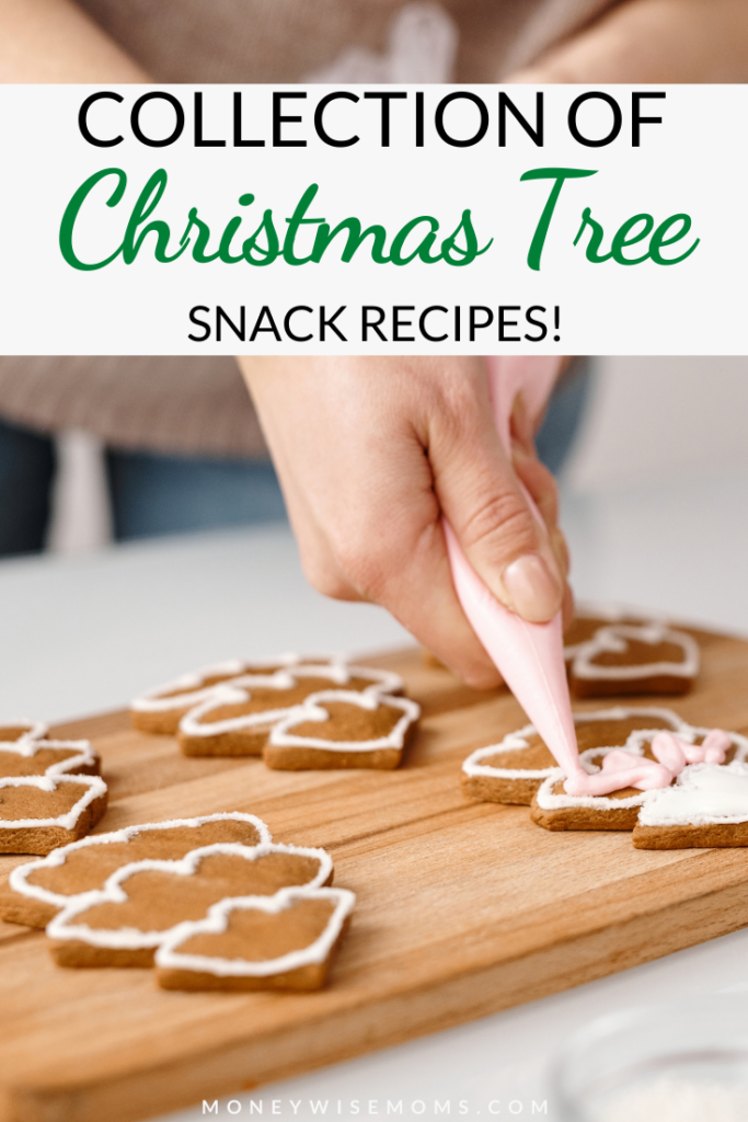 woman icing christmas tree snacks with post title at the top. 