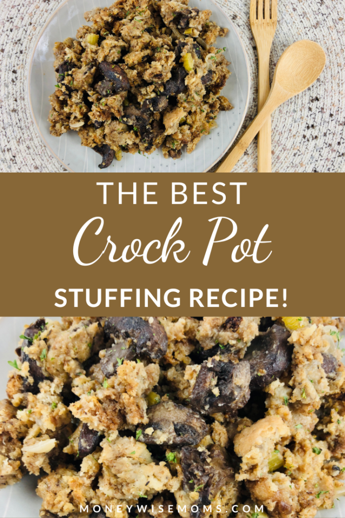 pin showing the finished recipe for crock pot stuffing. 