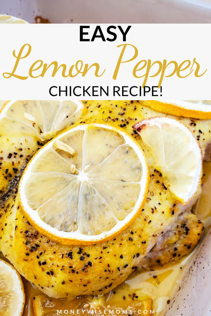 Pin showing the finished lemon pepper chicken. 