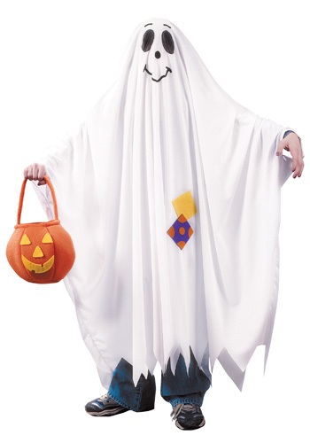 kid wearing white ghost costume