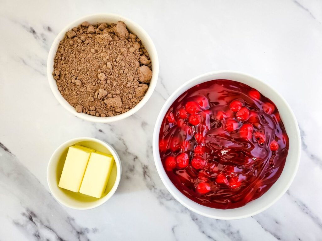 ingredients for chocolate dump cake with cherries
