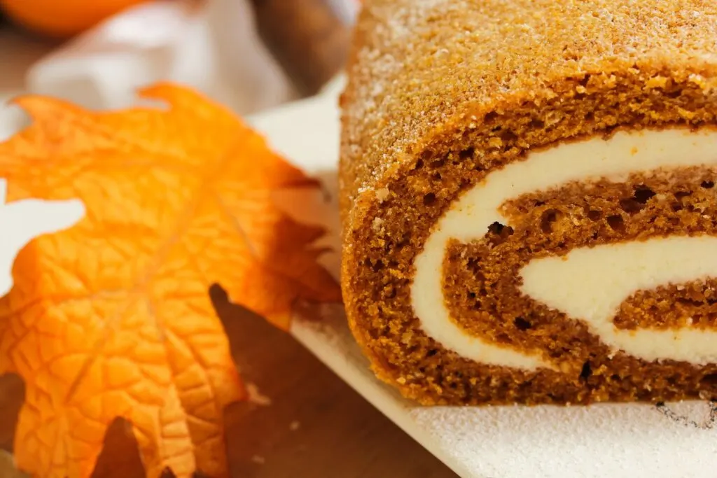 Pumpkin roll with orange leaf - easy Thanksgiving dessert roundup