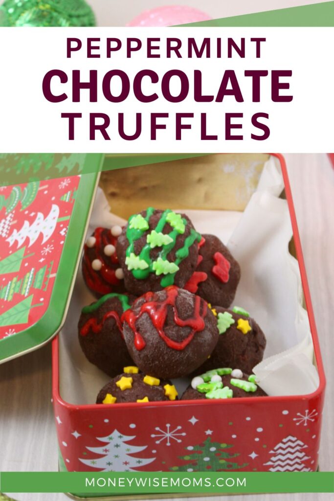holiday peppermint chocolate truffles decorated with icing and sprinkles in Christmas tin