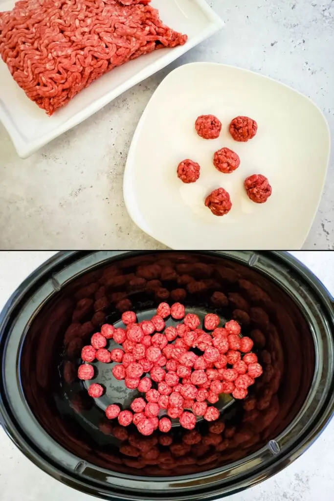 roll ground beef into tiny meatballs and put in bottom of slow cooker