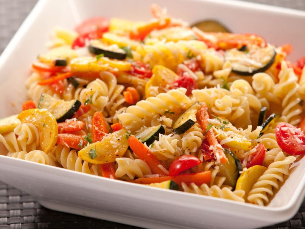 Pasta and vegetables in square dish - easy pasta dinners